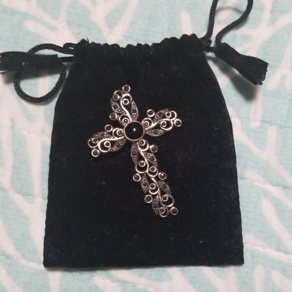 2" silver cross, black swarovski crystal inlay